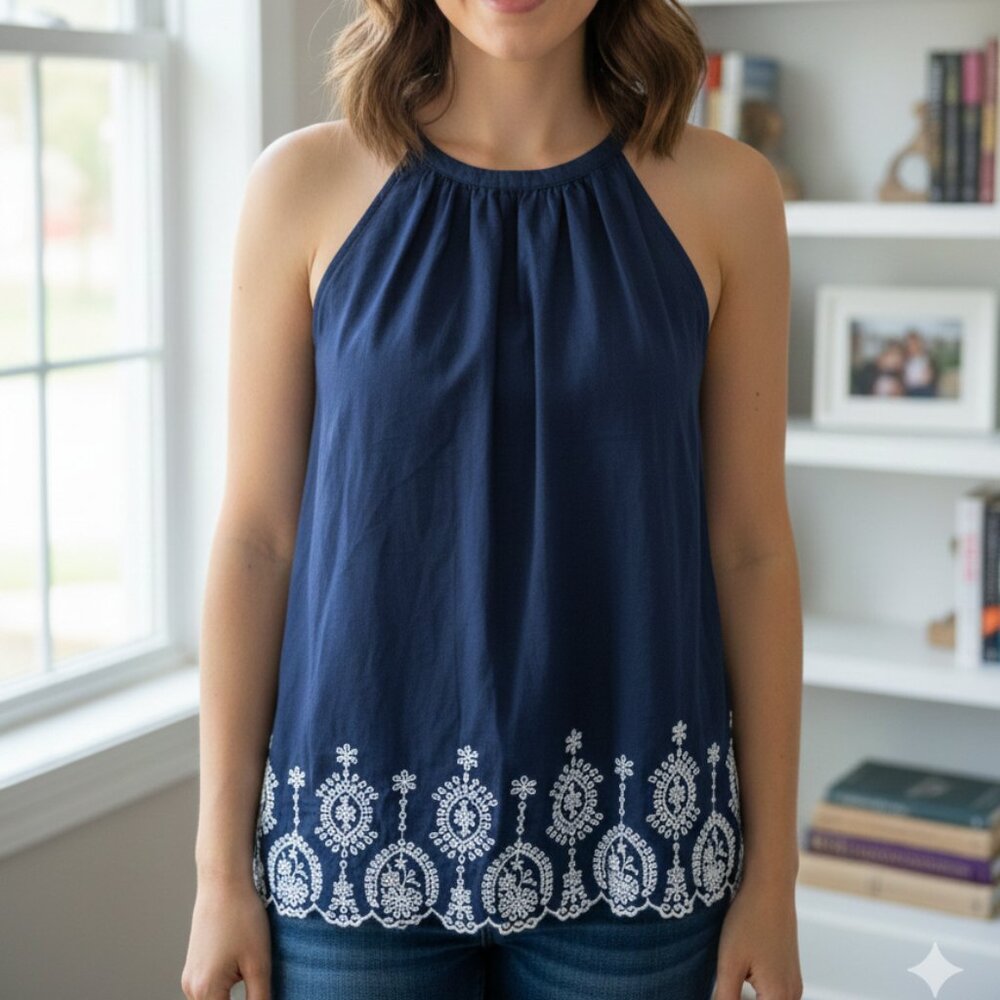 ⭐ Ann Taylor LOFT navy embroidered scalloped tank top Small